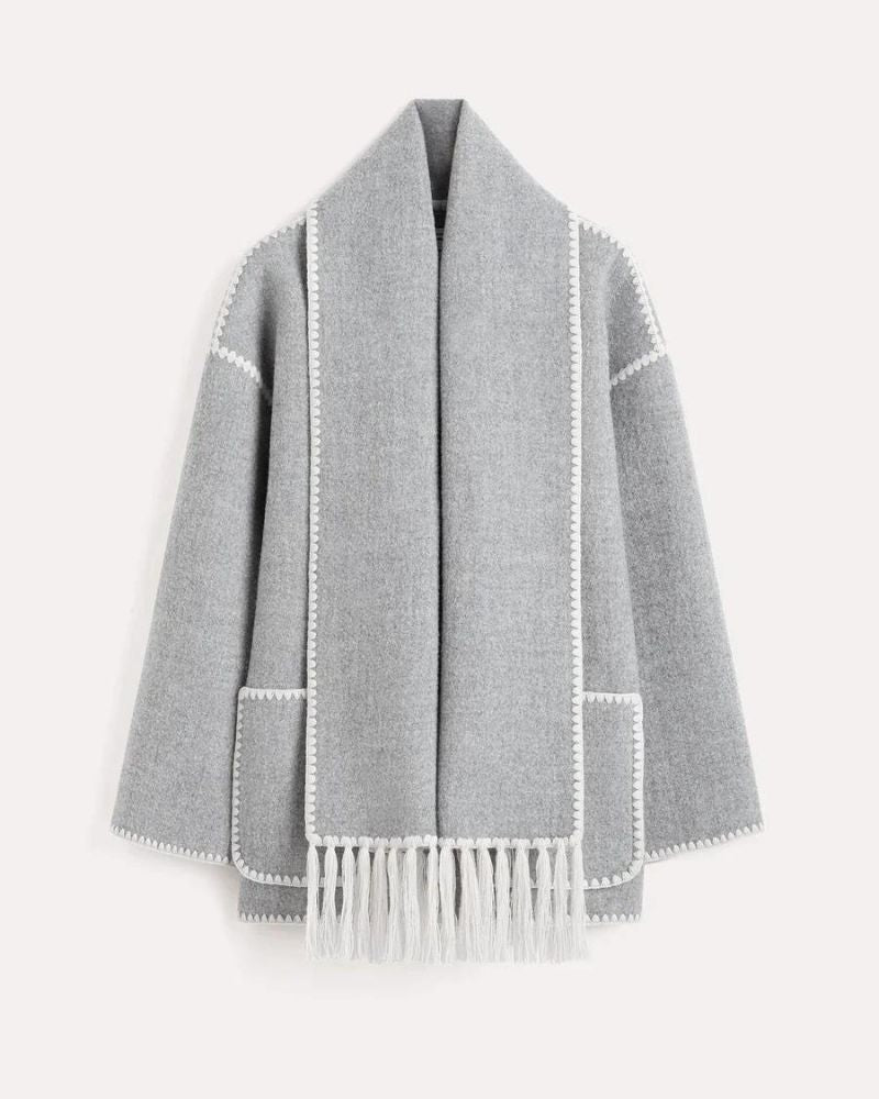 Scarf Jacket Womens Wool Fringe Trim Contrast Edge Patch Pockets - image 14