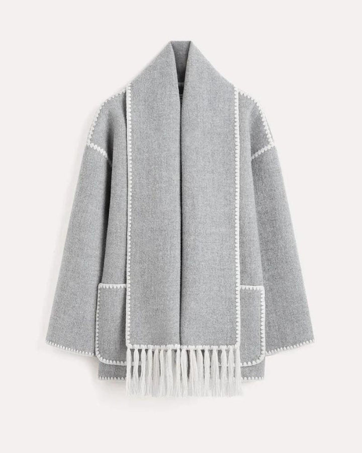 Scarf Jacket Womens Wool Fringe Trim Contrast Edge Patch Pockets - image 14