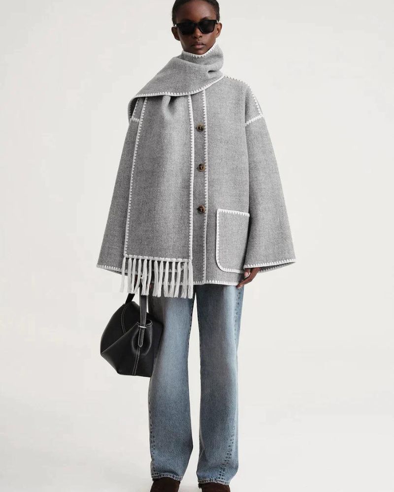 Scarf Jacket Womens Wool Fringe Trim Contrast Edge Patch Pockets - image 13