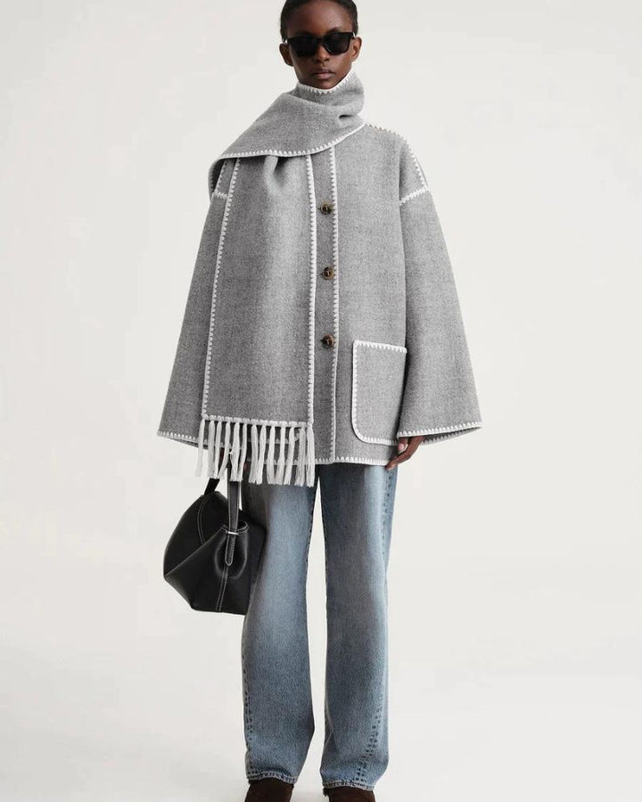 Scarf Jacket Womens Wool Fringe Trim Contrast Edge Patch Pockets - image 13
