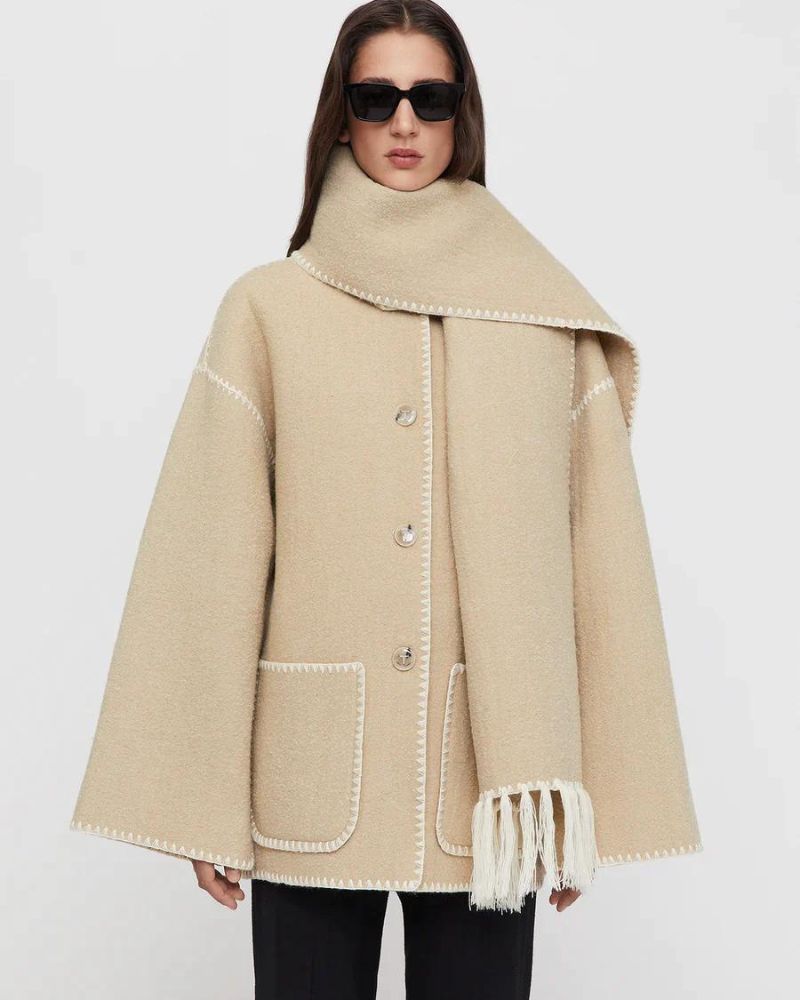 Scarf Jacket Womens Wool Fringe Trim Contrast Edge Patch Pockets - image 10