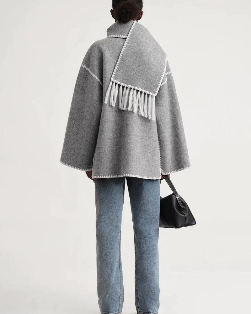 Scarf Jacket Womens Wool Fringe Trim Contrast Edge Patch Pockets - image 16
