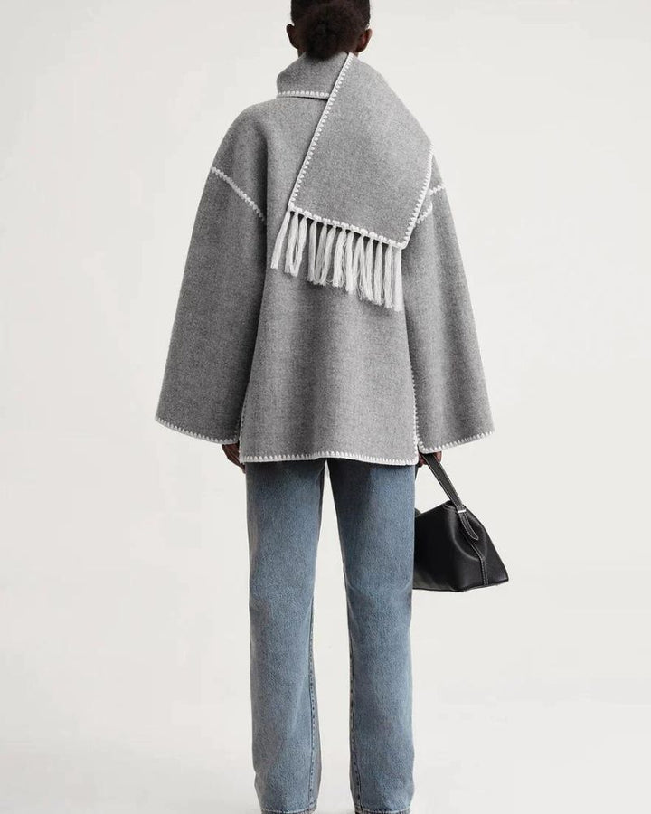 Scarf Jacket Womens Wool Fringe Trim Contrast Edge Patch Pockets - image 16