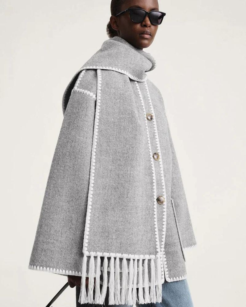 Scarf Jacket Womens Wool Fringe Trim Contrast Edge Patch Pockets - image 17