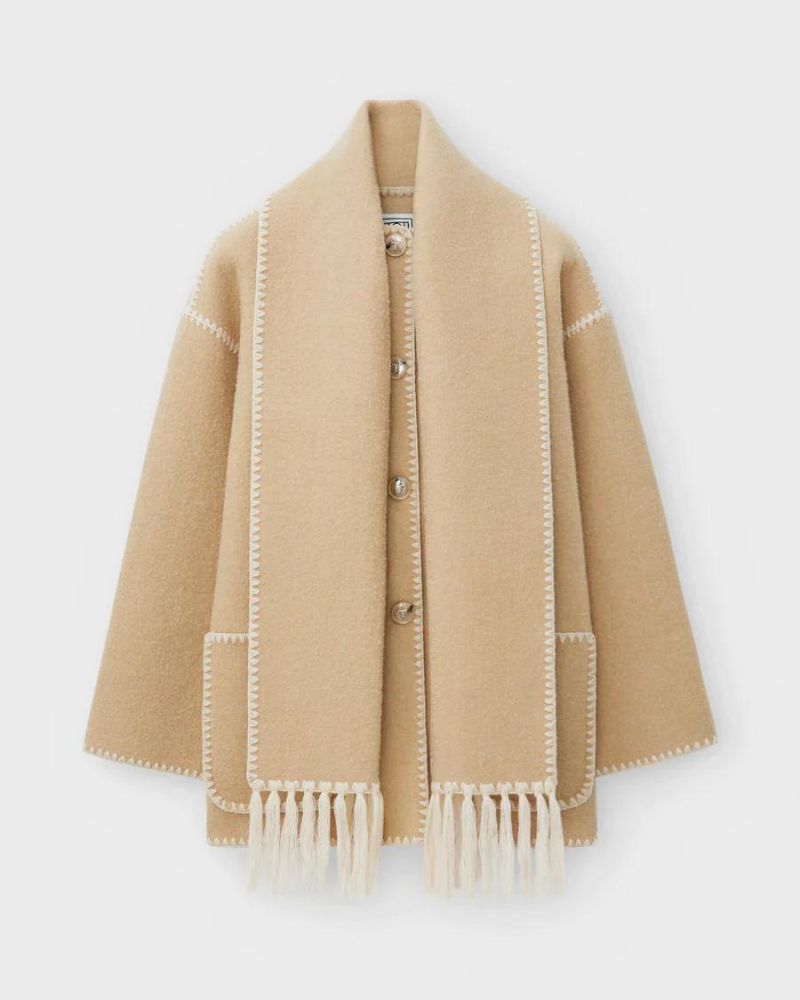 Scarf Jacket Womens Wool Fringe Trim Contrast Edge Patch Pockets - image 8