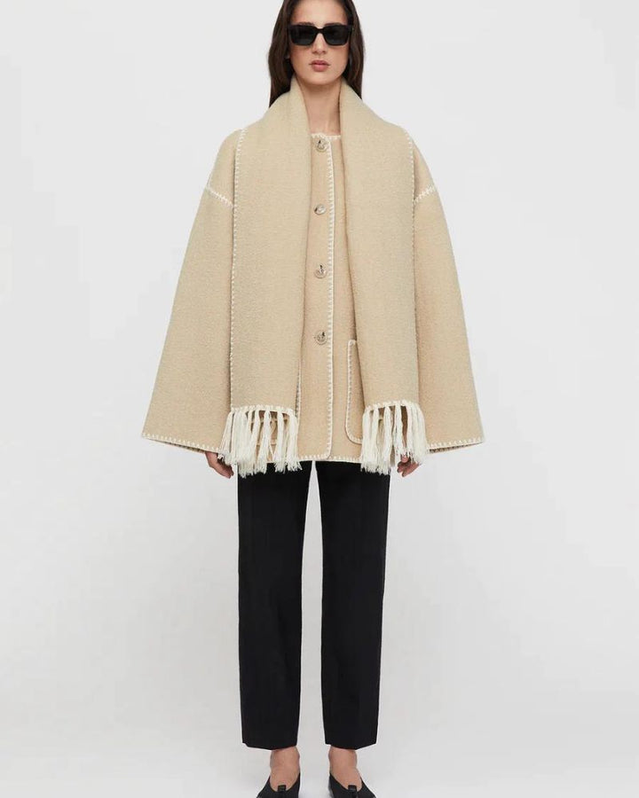 Scarf Jacket Womens Wool Fringe Trim Contrast Edge Patch Pockets - image 9