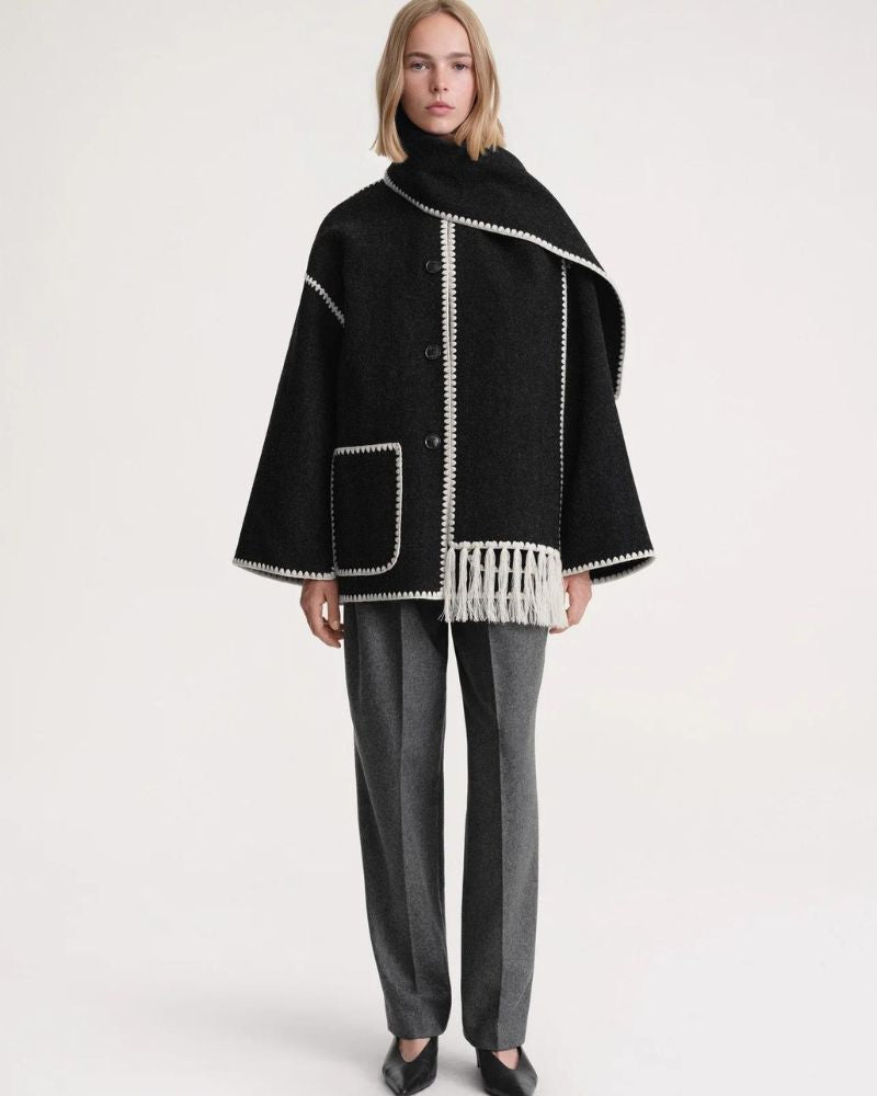 Scarf Jacket Womens Wool Fringe Trim Contrast Edge Patch Pockets - image 1