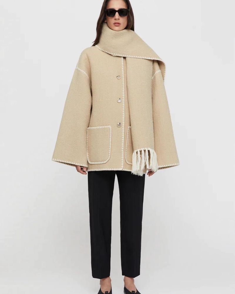 Scarf Jacket Womens Wool Fringe Trim Contrast Edge Patch Pockets - image 7