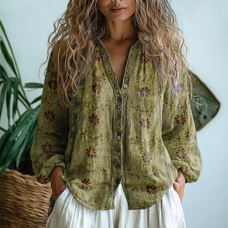 Blouse Womens Floral Print V Neck Button Front Long Sleeve