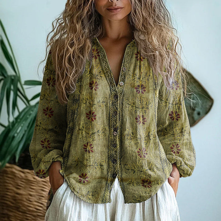 Blouse Womens Floral Print V Neck Button Front Long Sleeve