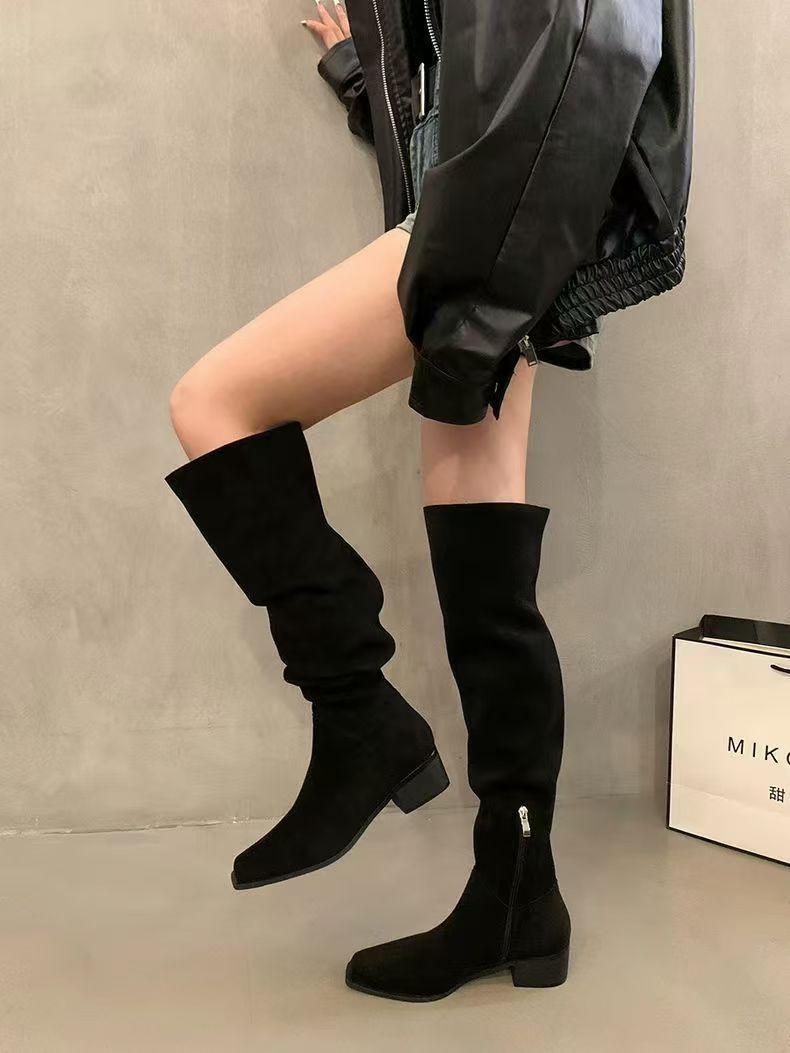 Slouch Boots Womens Knee High Flat Pointed Toe Suede Effect Side Zip - image 3