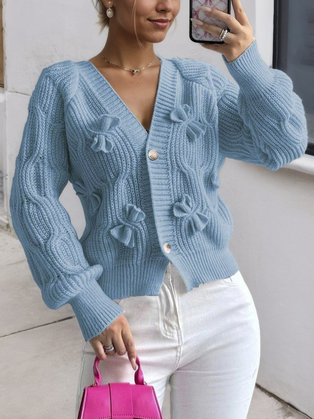 Cropped Cardigan Womens Bow Applique V Neck Button Front Pearl Look Buttons - image 4