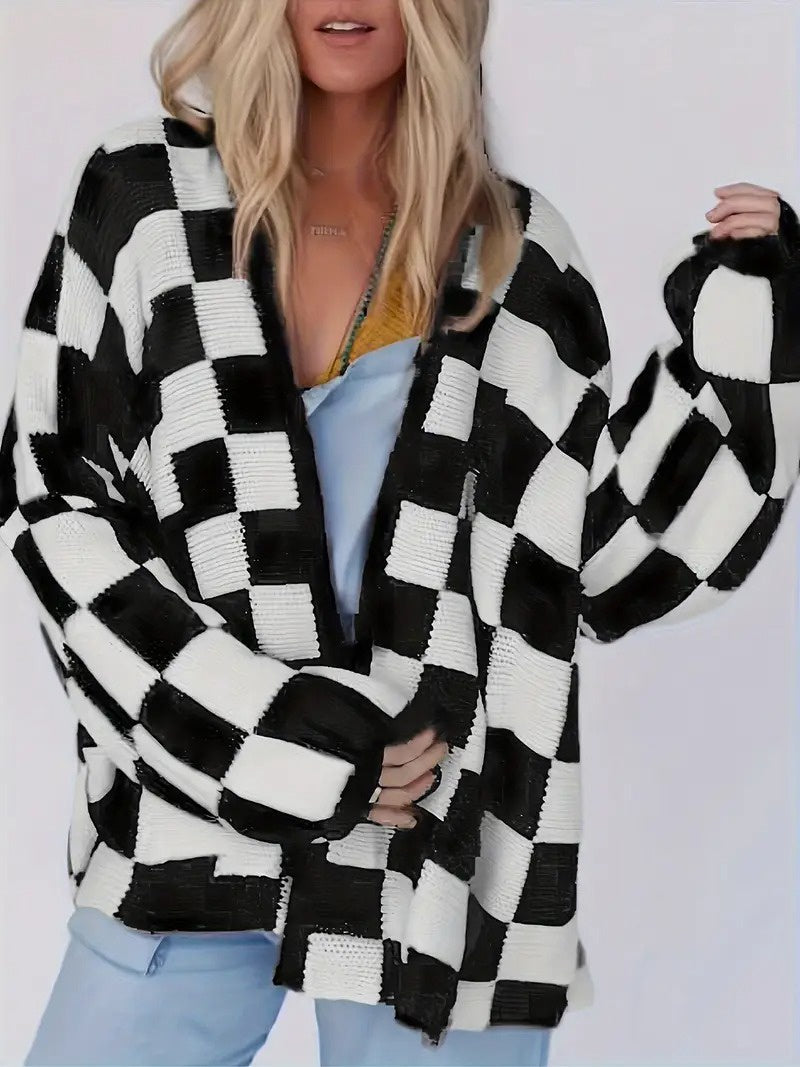 Women's Open-Front Cardigan with Checkerboard Pattern