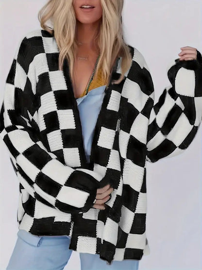Women's Open-Front Cardigan with Checkerboard Pattern