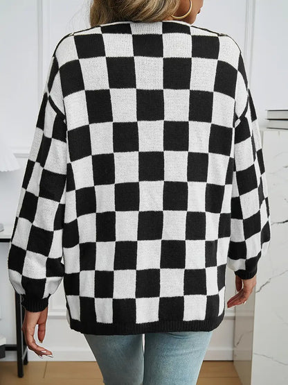Women's Open-Front Cardigan with Checkerboard Pattern