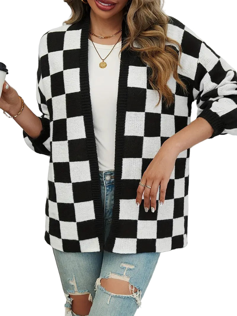 Women's Open-Front Cardigan with Checkerboard Pattern