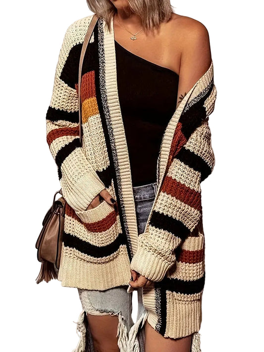 Women's Open Front Cardigan with Stripes