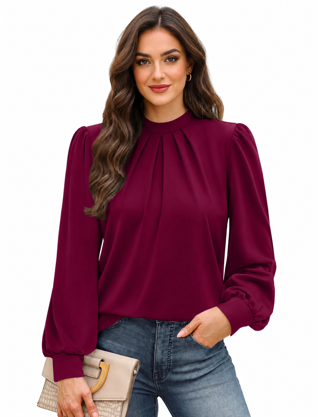 Women's High Neck Puff Sleeve Pleated Blouse — image 1