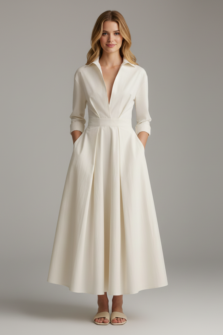 Midi Dress Womens Button Front Collared Defined Waist