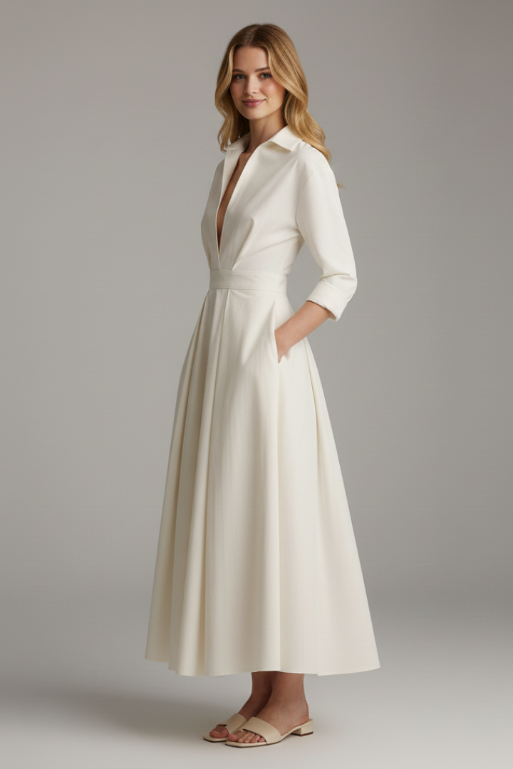 Midi Dress Womens Button Front Collared Defined Waist