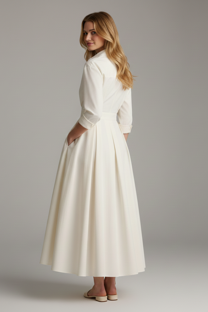 Midi Dress Womens Button Front Collared Defined Waist
