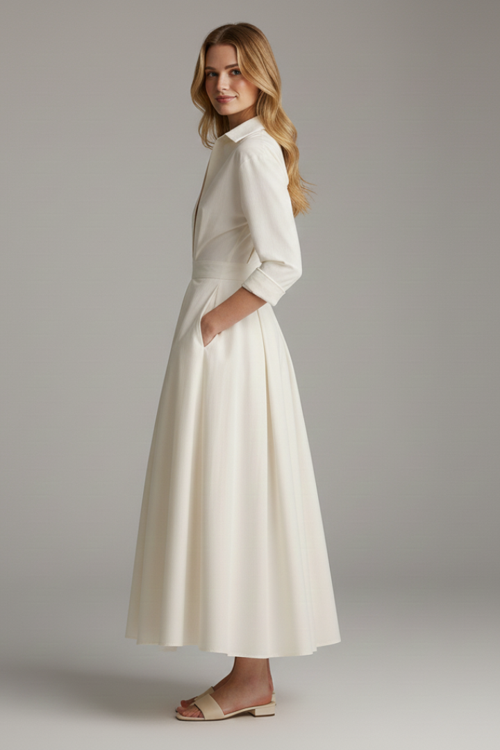 Midi Dress Womens Button Front Collared Defined Waist