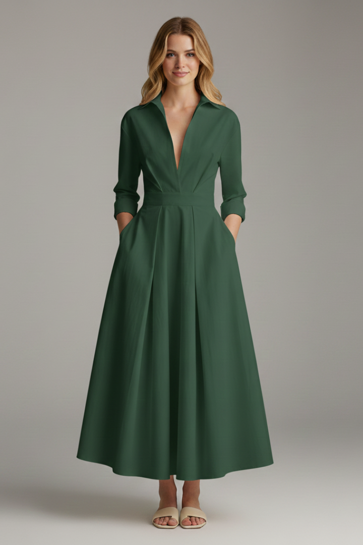 Midi Dress Womens Button Front Collared Defined Waist