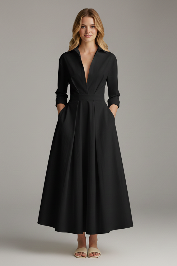 Midi Dress Womens Button Front Collared Defined Waist