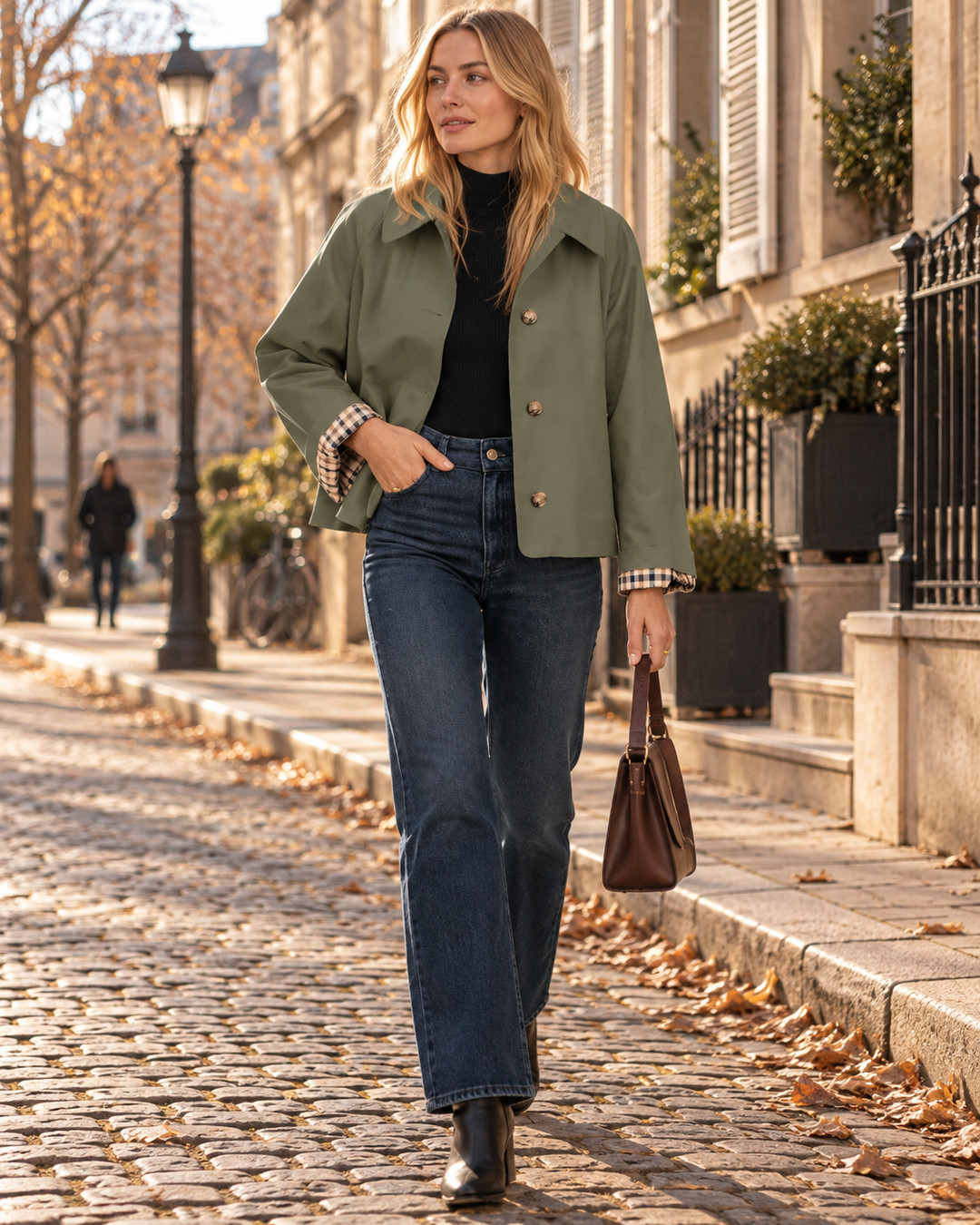 Cropped Jacket Womens Button Front Check Lined Cuffs Pointed Collar Relaxed Fit Side Pockets - image 2