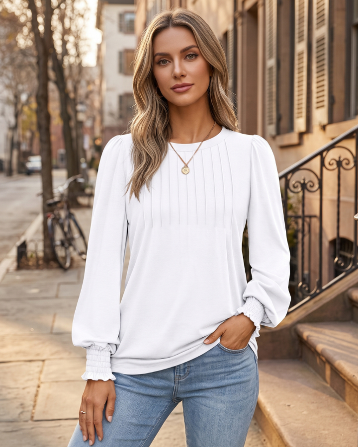 Pleated Blouse Womens Long Puff Sleeve Smocked Cuffs Crew Neck Soft Stretch - image 5