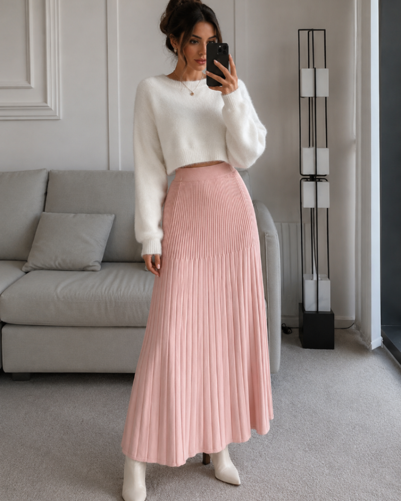 Maxi Skirt Womens Pleated Knit High Waisted Elasticated Flared A-Line - image 2