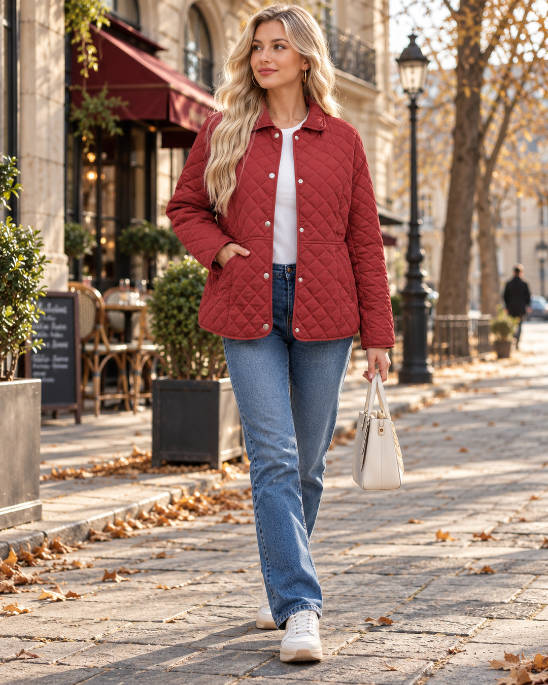 Quilted Jacket Womens Diamond Stitch Snap Button Collared Lightweight Side Pockets Relaxed Fit - image 1