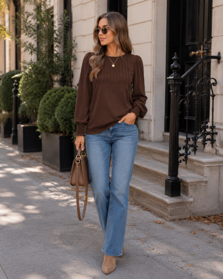Pleated Blouse Womens Long Puff Sleeve Smocked Cuffs Crew Neck Soft Stretch - image 1
