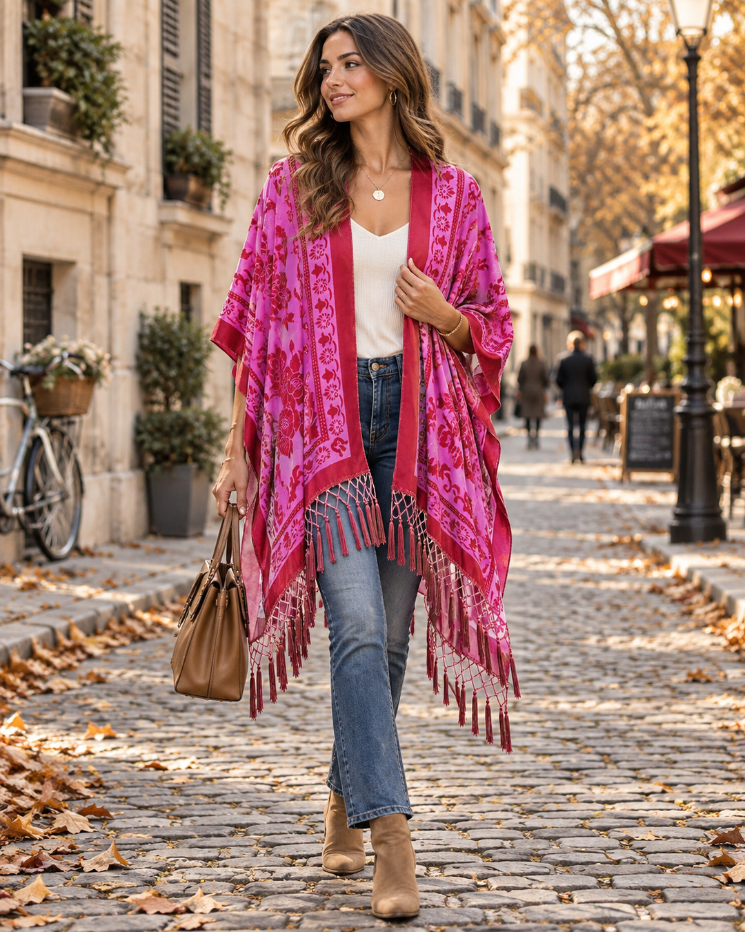 Kimono Womens Longline Velvet Effect Floral Open Front Tassel Fringe Boho Cover Up - image 4