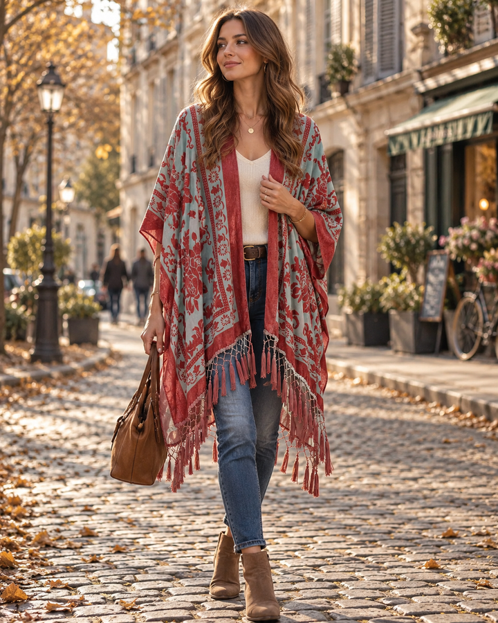 Kimono Womens Longline Velvet Effect Floral Open Front Tassel Fringe Boho Cover Up - image 5