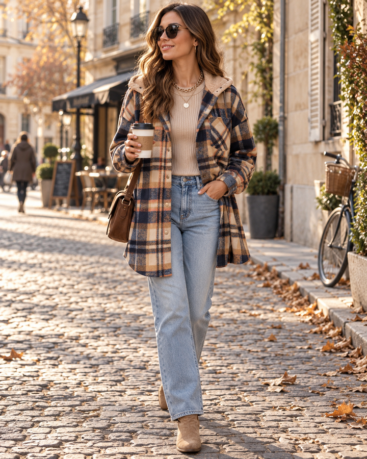 Hooded Shacket Womens Check Flannel-Look Oversized Button Up Drop Shoulder Chest Pocket - image 2