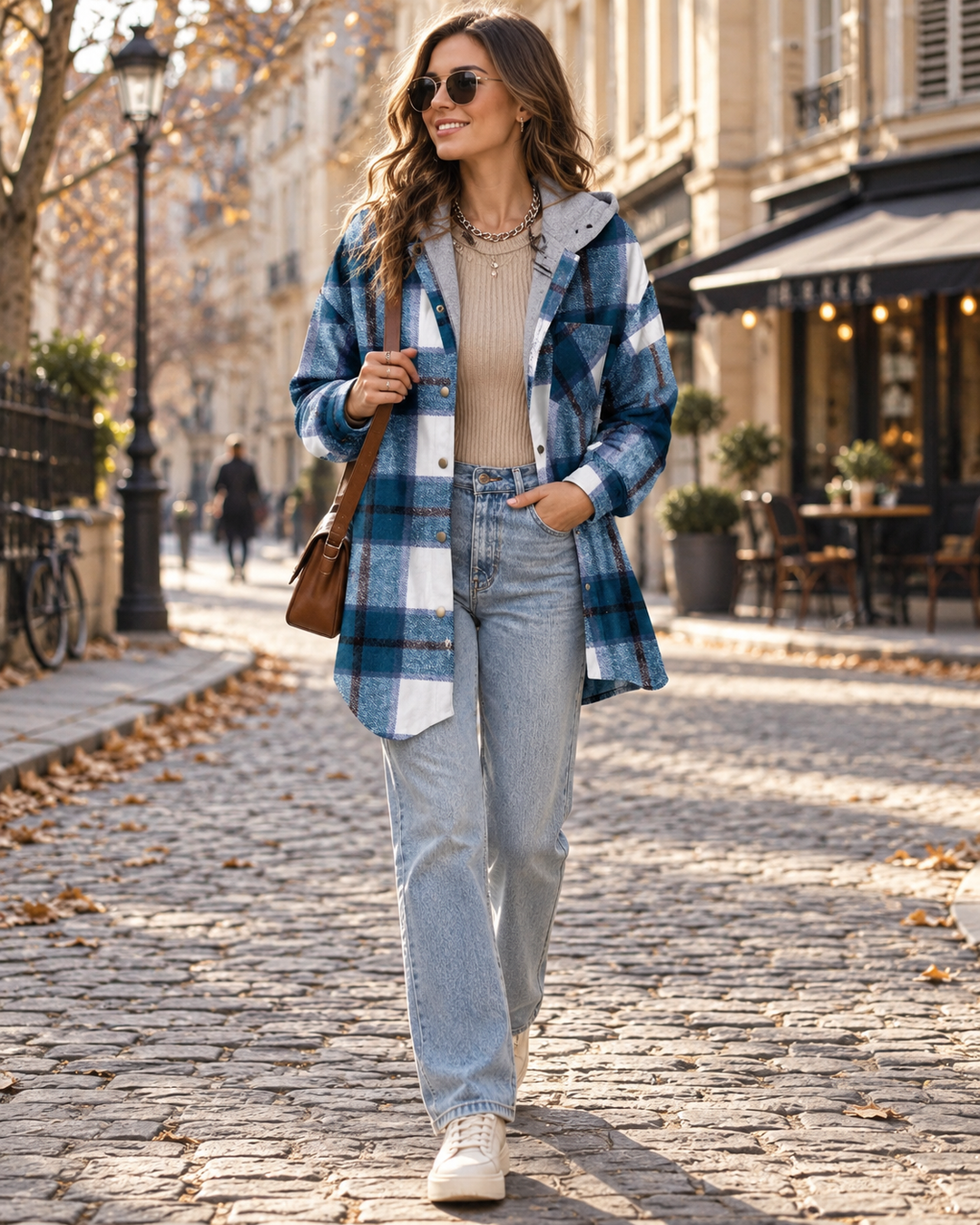 Hooded Shacket Womens Check Flannel-Look Oversized Button Up Drop Shoulder Chest Pocket - image 3