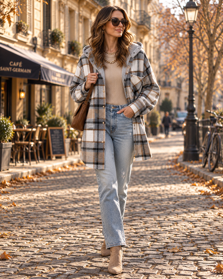 Hooded Shacket Womens Check Flannel-Look Oversized Button Up Drop Shoulder Chest Pocket - image 5