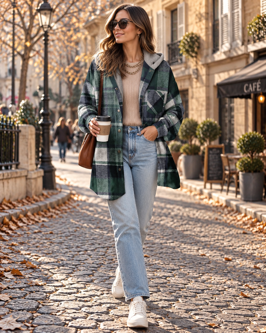Hooded Shacket Womens Check Flannel-Look Oversized Button Up Drop Shoulder Chest Pocket - image 1