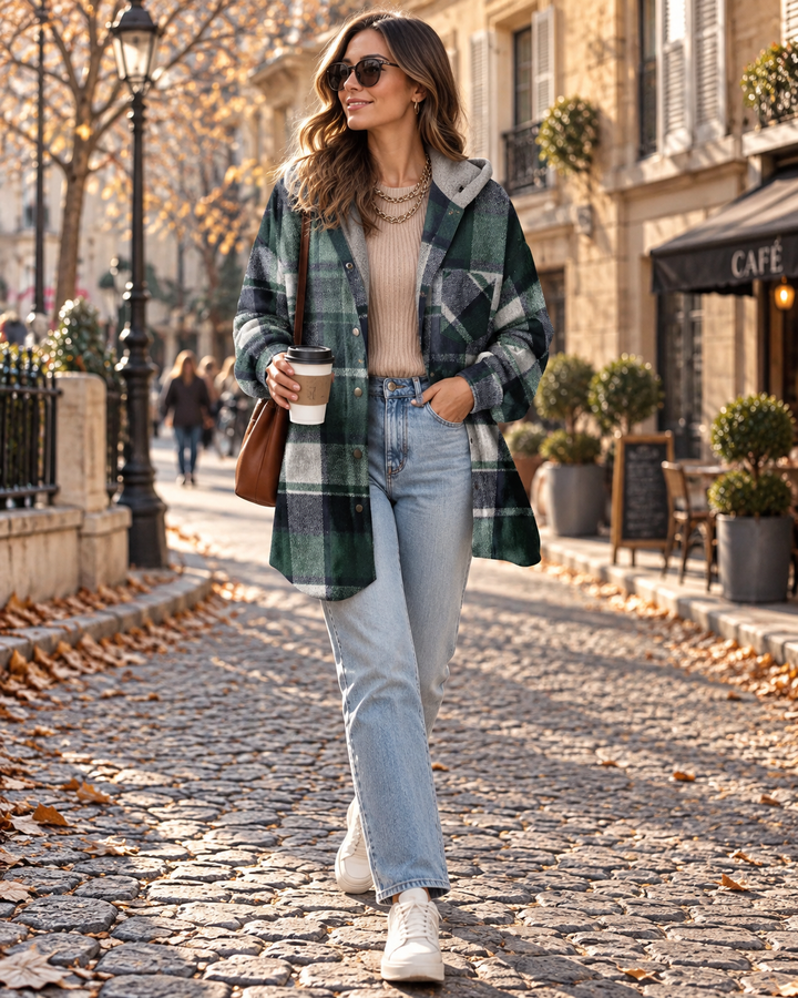 Hooded Shacket Womens Check Flannel-Look Oversized Button Up Drop Shoulder Chest Pocket - image 1