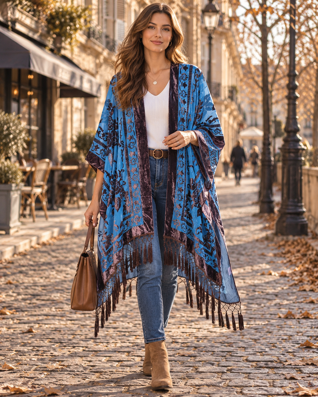 Kimono Womens Longline Velvet Effect Floral Open Front Tassel Fringe Boho Cover Up - image 2