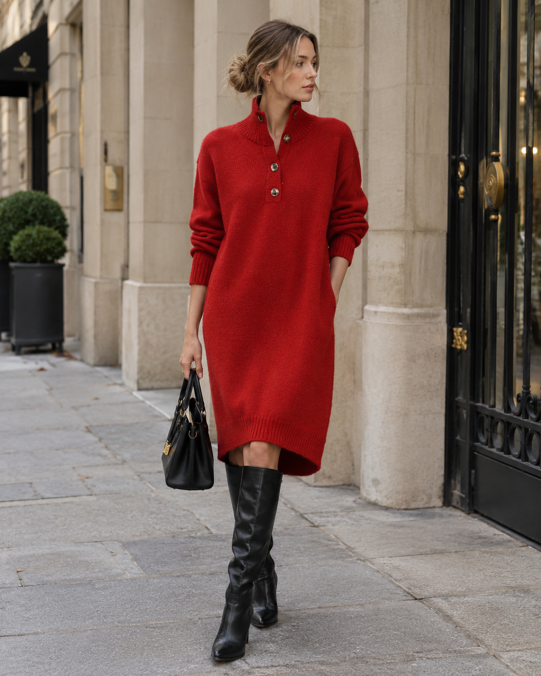 Jumper Dress Womens Knitted Funnel Neck Button Placket Long Sleeve Relaxed Fit Knee Length - image 4
