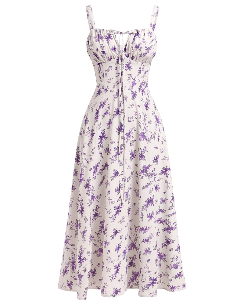 Midi Sundress Womens Thin Strap Tie Front Ruched Bust Leg Slit Floral Boho A-Line - image 5