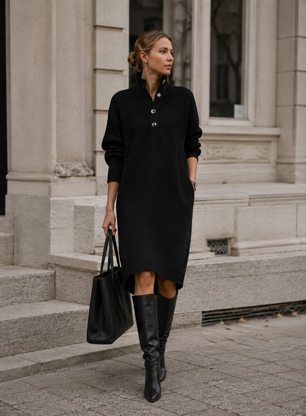 Jumper Dress Womens Knitted Funnel Neck Button Placket Long Sleeve Relaxed Fit Knee Length - image 2
