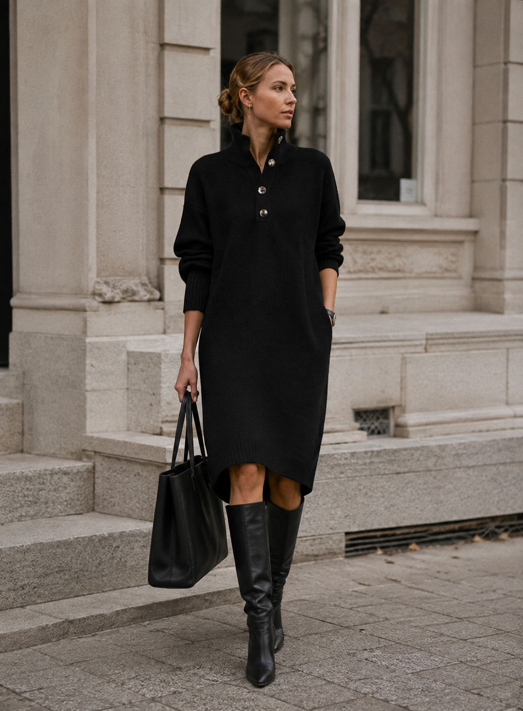 Jumper Dress Womens Knitted Funnel Neck Button Placket Long Sleeve Relaxed Fit Knee Length - image 2