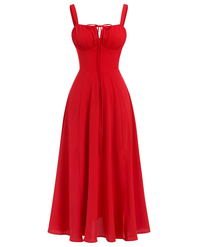 Midi Sundress Womens Thin Strap Tie Front Ruched Bust Leg Slit Floral Boho A-Line - image 10