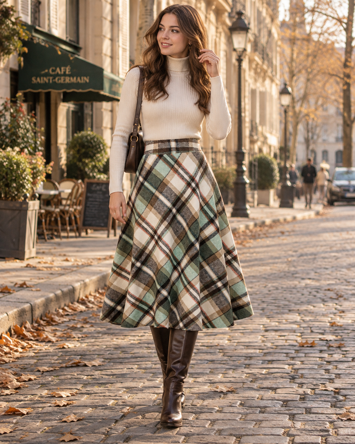 Checked Midi Skirt Womens High Waisted A-Line Flared Plaid Side Pockets - image 4