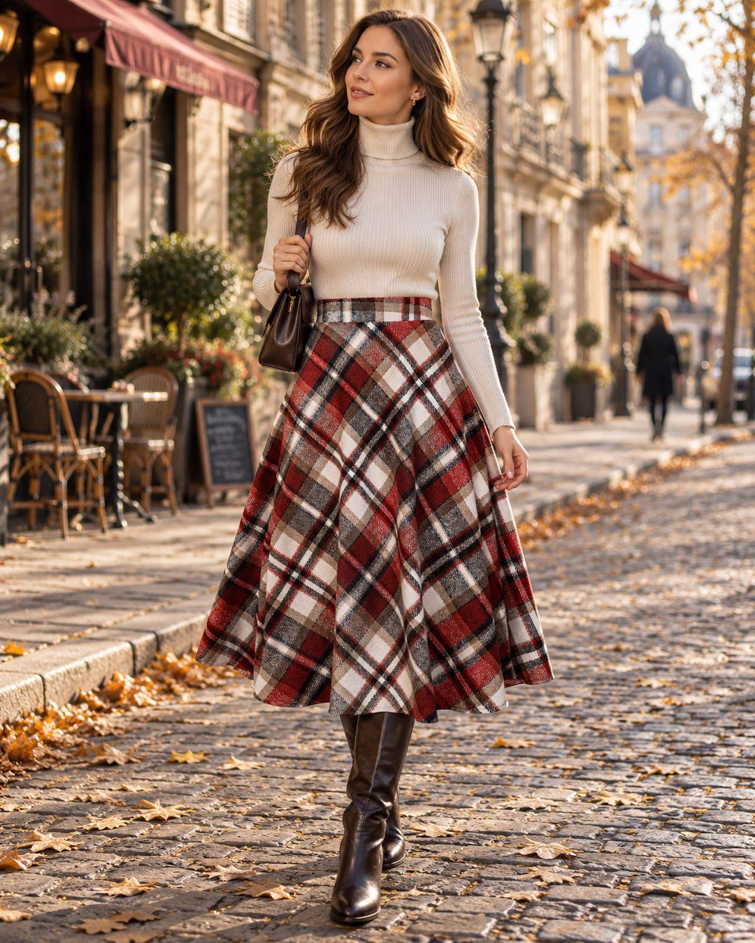 Checked Midi Skirt Womens High Waisted A-Line Flared Plaid Side Pockets - image 3