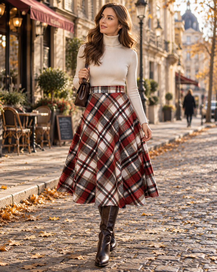 Checked Midi Skirt Womens High Waisted A-Line Flared Plaid Side Pockets - image 3