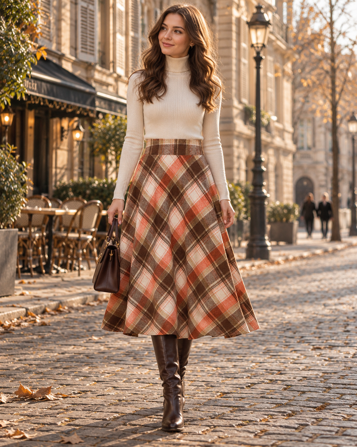 Checked Midi Skirt Womens High Waisted A-Line Flared Plaid Side Pockets - image 1